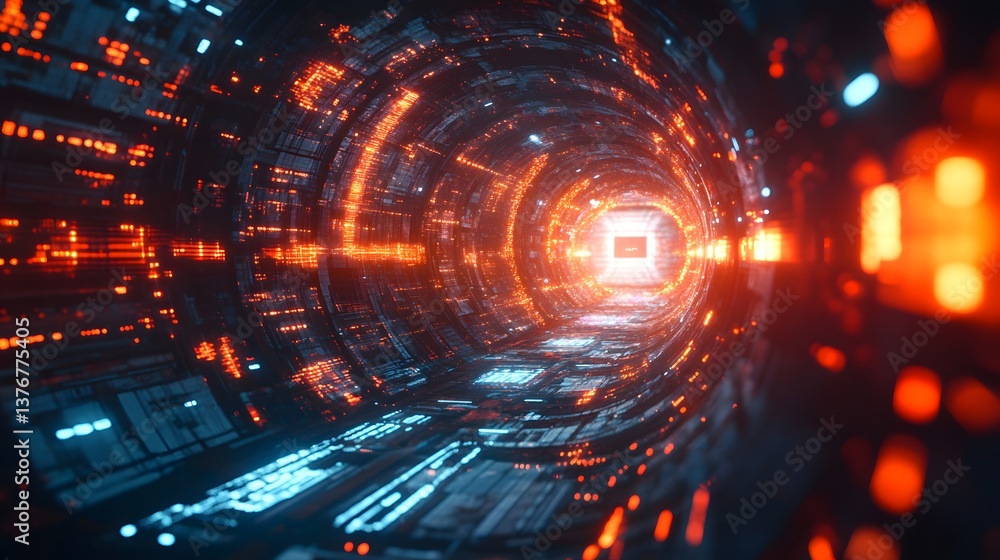 Poster a bright tunnel filled with dazzling lights leading into a mysterious depth in a futuristic abstract
