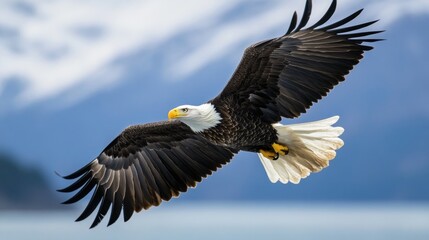 Obraz premium A majestic bald eagle soars gracefully across the sky, wings spread wide