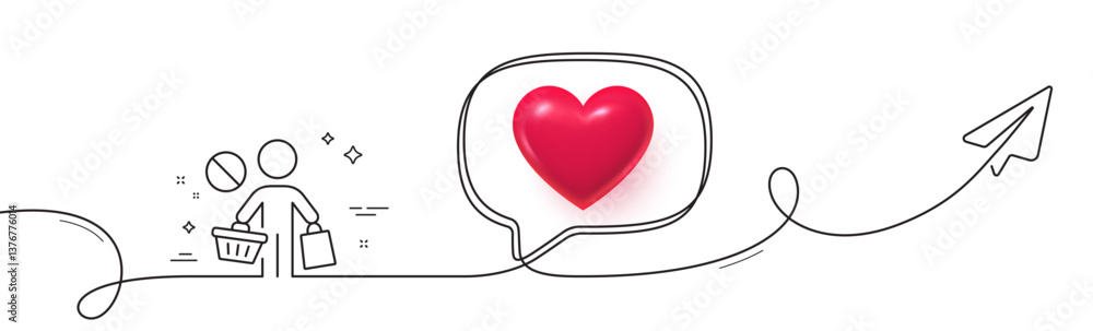 Poster stop shopping line icon. continuous line with share plane. no panic buying sign. man with shopping c