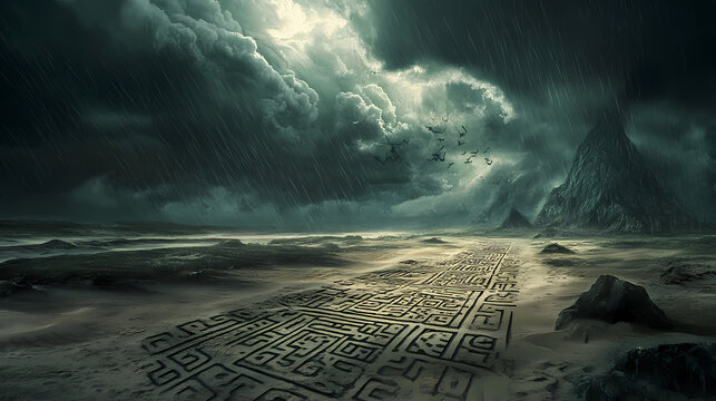 Within the storm ancient runes could be seen etched into the shifting sands whispering secrets of forgotten spells and spells. Storm-Kissed Runes. Illustration
