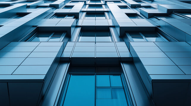 Low angle view of a modern building facade reflecting the blue sky, creating an abstract and geometric pattern with its rectangular shapes