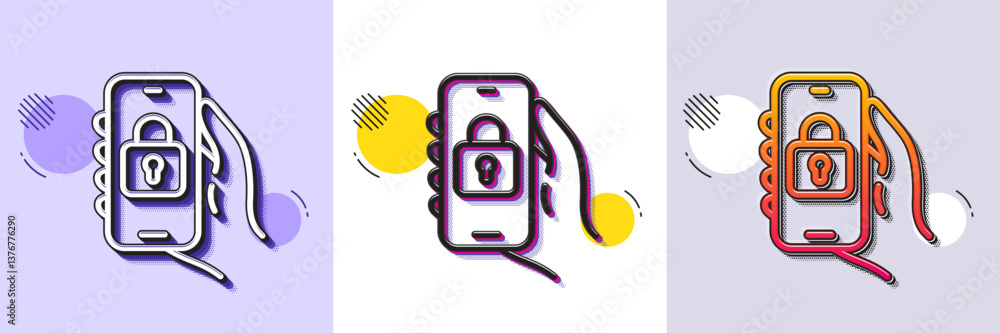 Aufkleber locked app line icon. halftone dotted pattern. gradient icon with grain shadow. hand hold phone sign