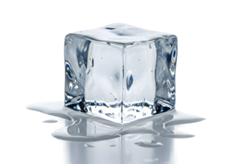 Single clear ice cube with detailed melting edges, isolated on pure white background.
