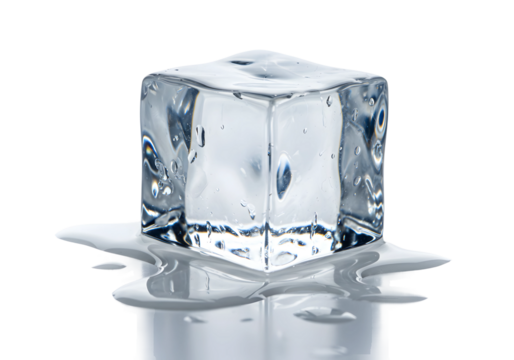 Single clear ice cube with detailed melting edges, isolated on pure white background.
