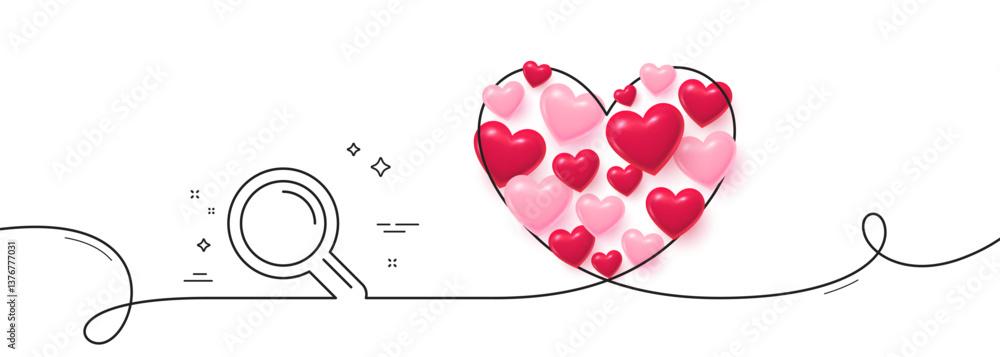 Poster research line icon. continuous line big heart. magnifying glass symbol. magnifier sign. 3d hearts in