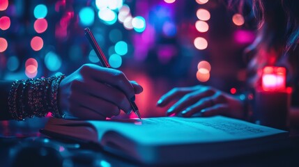 A Close-Up of a Hand Writing in a Notebook with Colorful Bokeh Lights in the Background, Capturing Creativity and Inspiration During Evening Hours