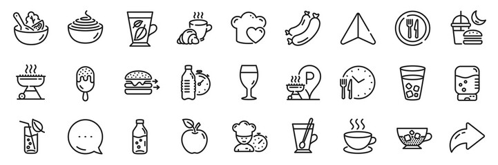 Salad, Grill place and Chef line icons pack. Share, Message, Paper plane icons. Food time, Sausage, Night eat web icon. Water glass, Tea mug, Ice tea pictogram. Vector