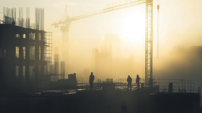 Three construction workers standing on a building site in the fog at sunrise, with a crane in the background