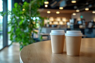 Two coffee cups on a wooden table in a cozy, modern café with soft lighting and green plants.
