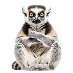 Obraz premium Ringtailed lemur sitting with crossed arms on a transparent background, looking directly at the camera with intense eyes Concept of wildlife, humor, and animal behavior