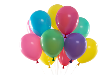 Group of bright colorful balloons, clean and vibrant, isolated clearly on white background.
