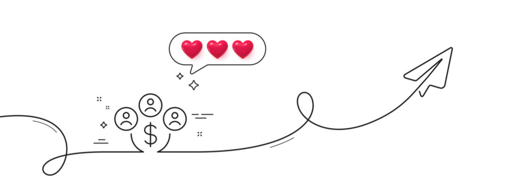 Buying currency line icon. Continuous line with share plane. Dollar money sign. Economy trade symbol. Hearts rate review in speech bubble. Buying currency single line ribbon. Vector