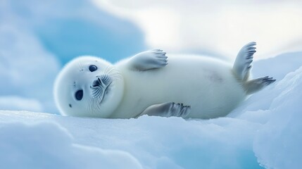Adorable harp seal pup basking on a pristine ice floe, a portrait of arctic innocence