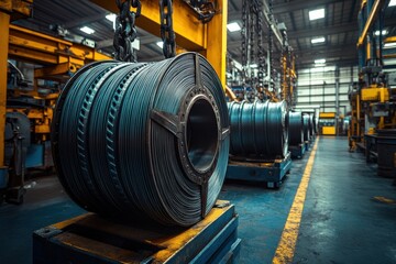 Industrial coils in a metal fabrication factory under bright fluorescent lighting.