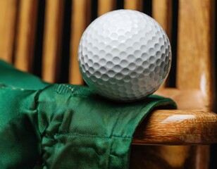 Golf ball resting on green jacket on wooden chair
