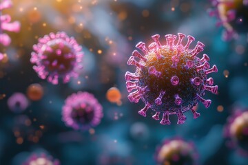 Fototapeta premium Close-up 3D illustration of a virus with vibrant pink and purple colors against a blurred dark background.