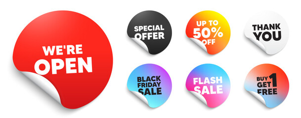 Open red sticker tag. Special offer paper price tags. We are open tag. Promotion new business sign. Welcome advertising symbol. Discount, black friday sticker. Promo banner. Vector