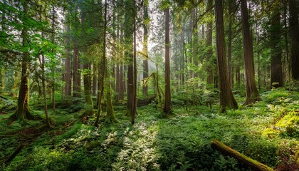 serene forest landscape with lush greenery and tall trees