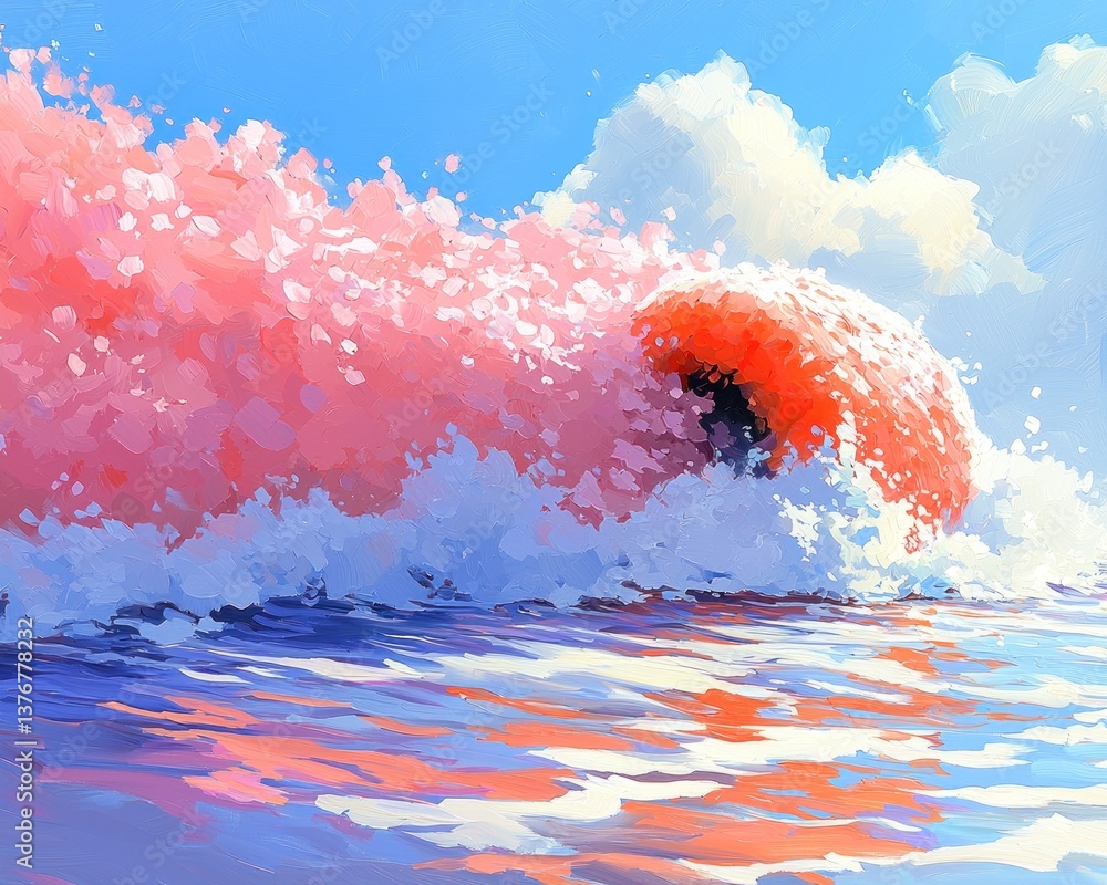 Aufkleber pink wave crashes, creating a mesmerizing spectacle of color and foam against a serene ocean under a