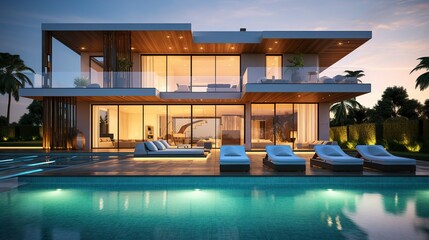 Fototapeta premium A photo of a modern double-story house with poolside.