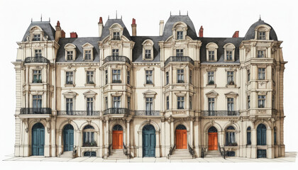 Fototapeta premium A collection of detailed pencil drawings of historic buildings with red roofs, isolated on a white background. The sketches highlight intricate architectural details, evoking a timeless, classic aesth