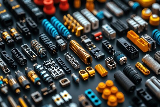 A detailed collection of colorful electronic components arranged in a neat grid pattern on a dark surface.