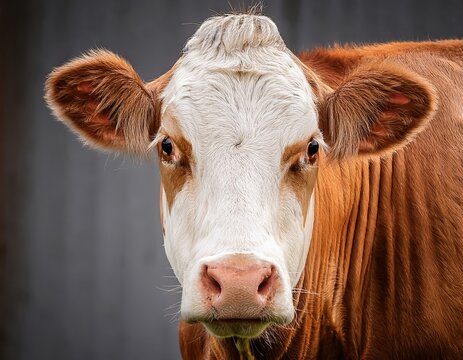 Close-up portrait of a brown and white cow with curious expression