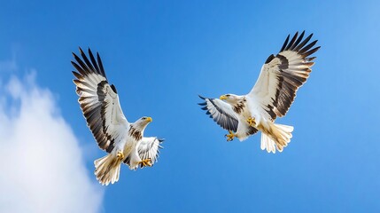 Obraz premium Two Birds Soaring Blue Sky Clouds Wildlife
