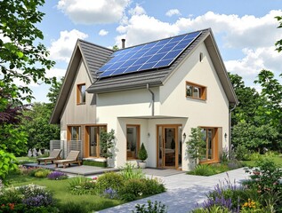 A contemporary house featuring solar panels, surrounded by a beautifully landscaped garden under a bright sky.