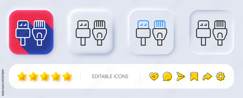 Poster computer cables line icon. neumorphic, flat shadow, 3d buttons. usb, rj45 connection wires. line com