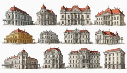 Fototapeta premium A collection of detailed pencil drawings of historic buildings with red roofs, isolated on a white background. The sketches highlight intricate architectural details, evoking a timeless, classic aesth