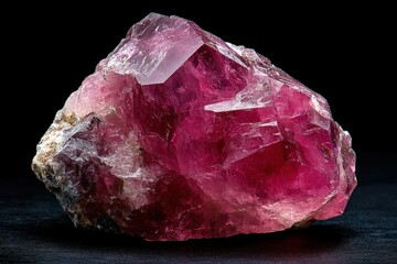 Vivid pink gemstone, raw and uncut, with natural crystalline formations against a black backdrop.