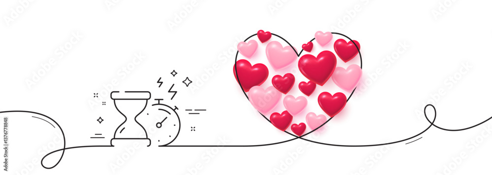 Poster hourglass timer line icon. continuous line big heart. stopwatch time sign. countdown clock symbol. 3