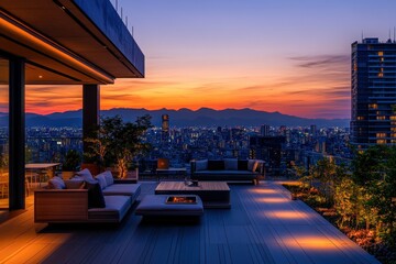 Luxurious rooftop terrace with modern furniture overlooking urban skyline at sunset.