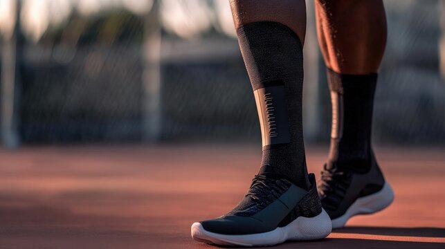 An Athlete Wearing Compression Socks And Running Shoes Outdoors