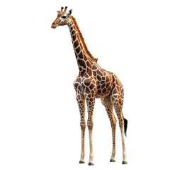 Obraz premium Majestic giraffe standing tall with its distinctive patterned coat on a transparent background Concept of wildlife, nature, and African safari