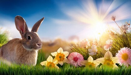 Fototapeta premium easter background flowers christianity grass rabbit ai generated