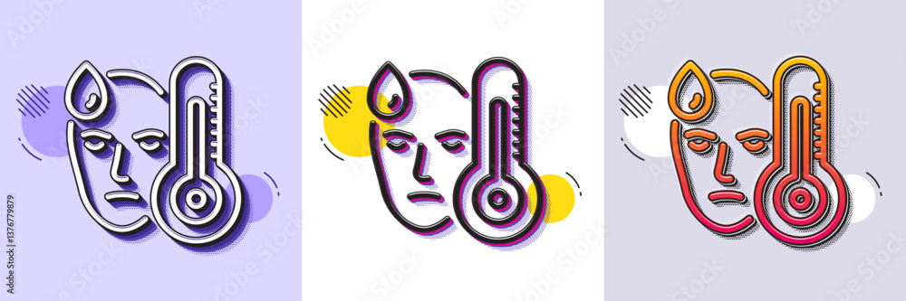 Poster sick man with fever line icon. halftone dotted pattern. gradient icon with grain shadow. temperature
