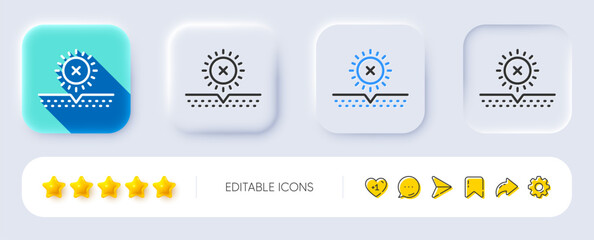 No sun protection line icon. Neumorphic, Flat shadow, 3d buttons. Skin care sign. Cosmetic cream symbol. Line no sun icon. Social media icons. Vector