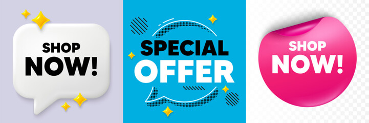 Shop now speech bubble. 3d sparkles chat, Paper sticker. Shop now tag. Special offer sign. Retail Advertising symbol. Special offer bubble. Halftone dots pattern. Vector