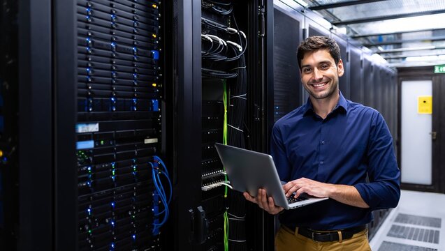 Smiling IT Professional Managing Servers in a Data Center Environment - Powered by Adobe
