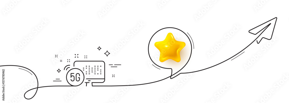 Poster 5g internet line icon. continuous line with share plane. wireless technology sign. fast wifi symbol.