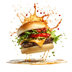 Smash Burger with Orange Juice Splash Isolated on Transparent Background