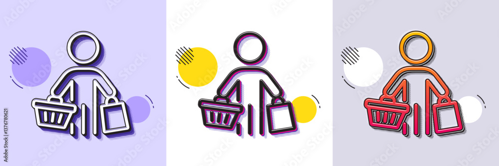 Poster buyer with shopping cart line icon. halftone dotted pattern. gradient icon with grain shadow. custom