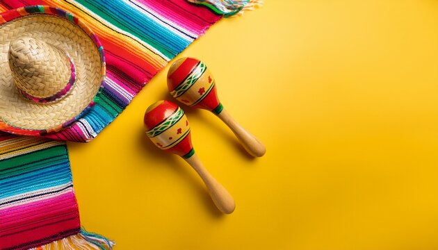 cinco de mayo holiday background made from maracas mexican blanket stripes or poncho serape and hat on yellow background - Powered by Adobe