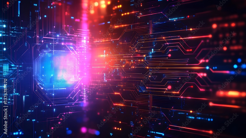 Poster high-tech circuit with bright light emitting from its core creating a stunning futuristic abstract e