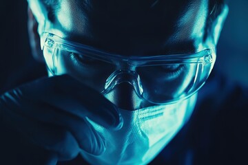 Close-up of a scientist wearing goggles and surgical mask in a dimly lit lab, focusing on a sample under blue light.