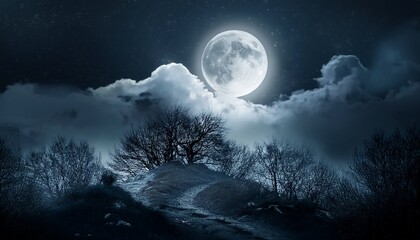 dark horror night landscape with full moon in the clouds