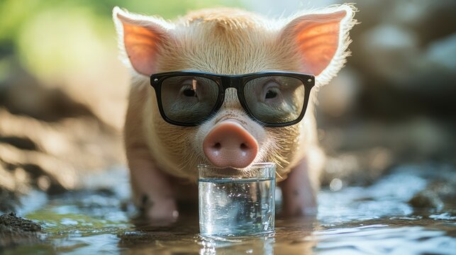 Cute piglet wearing sunglasses drinks water from a glass.