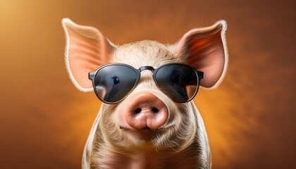 a pig wearing sunglasses on a brown background